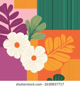 A vibrant abstract composition featuring stylized flowers and leaves against a colorful geometric background with vertical stripes.
