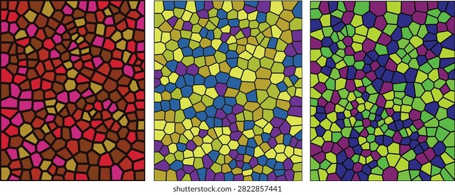 A vibrant abstract composition featuring three vertical panels filled with colorful mosaic patterns, showcasing intricate geometric shapes in shades of red, yellow, green, and purple.