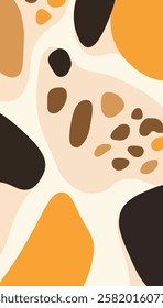 A vibrant abstract composition featuring a variety of organic shapes in warm tones of yellow, brown, and black against a light background. 