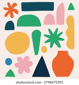 A vibrant abstract composition featuring various bold shapes and colors scattered across a light background, including a large orange circle, green palm-like figure, blue triangle, and a prominent