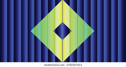 Una vibrante composición abstracta con un diamante degradado amarillo-verde con un recorte central, sobre un fondo de rayas azules Vertical.