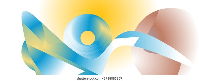 Lebendige abstrakte Komposition mit leuchtenden blauen, gelben und pfirsichfarbenen Formen. Strahlt Bewegung und Energie aus. Ideal für digitale Kunst, Tapeten oder moderne Grafikdesign.  