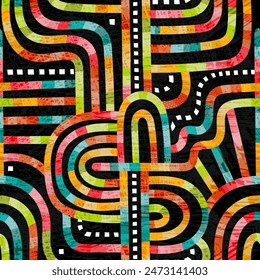 A vibrant, abstract composition with intricately intertwined curves and shapes in bright colors like orange, yellow, green, and pink on a black background mesmerizing maze. Artistically done in vector