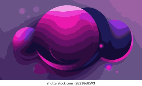 Vibrant abstract cosmic illustration featuring layered pink and purple spheres and stylized planet-like shapes floating in deep space, accented with glowing particles against a dark, futuristic backgr
