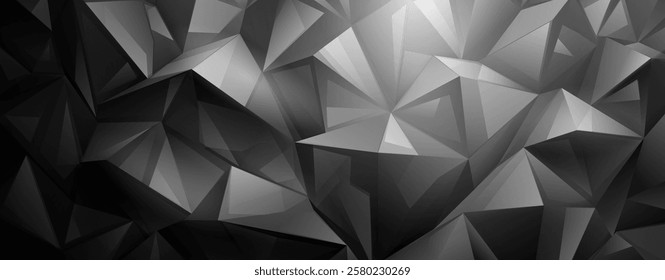 Vibrant abstract crystal background featuring a mosaic of interconnected gray and black triangles, creating a dynamic, geometric pattern with varying shades and depth.