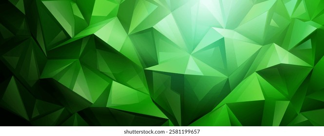 Vibrant abstract crystal background featuring a mosaic of interconnected green triangles, creating a dynamic, geometric pattern with varying shades and depth.