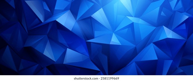 Vibrant abstract crystal background featuring a mosaic of interconnected blue triangles, creating a dynamic, geometric pattern with varying shades and depth.