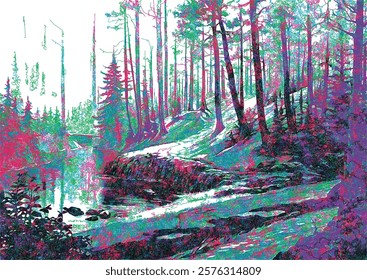 A vibrant abstract depiction of a forest, with colorful swirling lines forming trees, water, and shadows, creating a mesmerizing and dynamic landscape scene.
