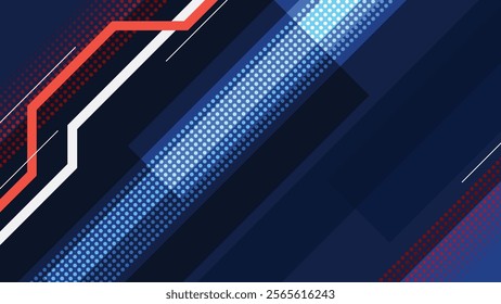 Vibrant abstract design with blue halftone dots, red accents, and bold geometric shapes on a dark background.

