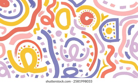 A vibrant abstract design with bold brushstroke patterns in red, yellow, blue, and lavender on a white background. Ideal for creative projects, packaging, or textile designs.