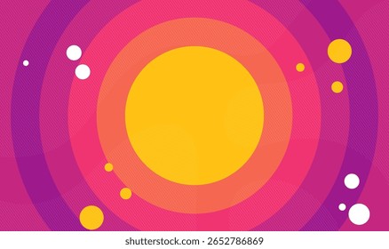 Design abstrato vibrante com círculos concêntricos em tons roxo, rosa e laranja centrados em torno de um núcleo amarelo brilhante, com círculos brancos e pálidos espalhados criando profundidade e energia cósmica