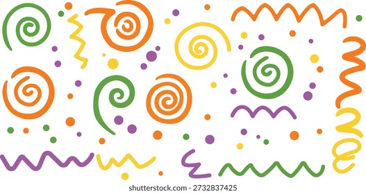 Un diseño abstracto vibrante presenta una alegre mezcla de espirales coloridas dibujadas a mano, líneas onduladas y pequeños puntos en verde, naranja, amarillo y púrpura. Evoca un sentimiento festivo y lúdico, ideal para celebraciones.