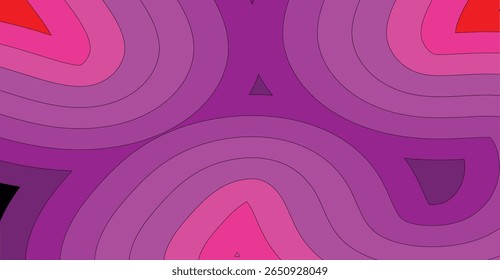 A vibrant abstract design features concentric curved shapes in shades of pink and purple, creating a symmetrical and dynamic composition.