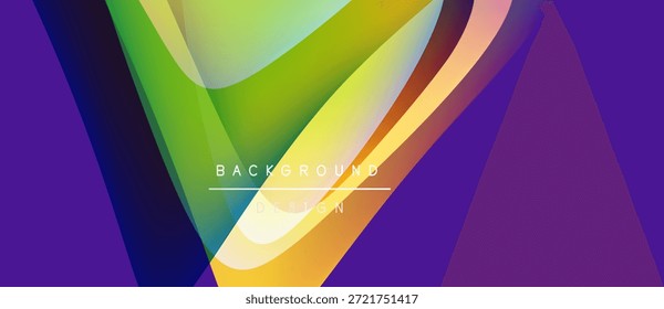 O design abstrato vibrante apresenta formas coloridas fluindo. O plano de fundo roxo contrasta com matizes amarelo-claro e verde. O texto lê o design do plano de fundo.