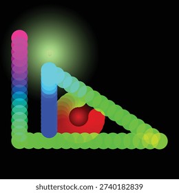 A vibrant abstract design features overlapping, semi-transparent gradient circles in various colors like pink, blue, cyan, green, yellow, and red, arranged in geometric patterns on a dark background.