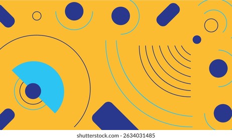 Vibrant abstract design featuring blue and navy circular and linear shapes on a bright yellow backdrop. Eye-catching and playful digital artwork.
