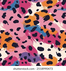 A vibrant abstract design featuring bold, brushstroke-like patches of pink, orange, blue, and purple, overlaid with irregular black spots resembling leopard print. 