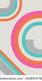 A vibrant abstract design featuring bold, curved bands of pink, orange, and teal, accented with a subtle dotted pattern on a neutral background.