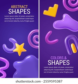 A vibrant abstract design featuring colorful 3D shapes like stars, swirls, and blobs on a purple background. 