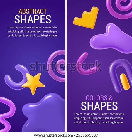 A vibrant abstract design featuring colorful 3D shapes like stars, swirls, and blobs on a purple background. 
