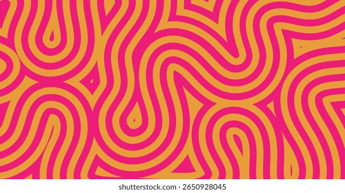 Um design abstrato vibrante com linhas curvas e em camadas em tons rosa e amarelo-laranja contrastantes. O padrão cria uma sensação de movimento e profundidade.