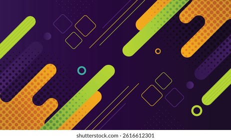 Vibrant abstract design featuring green orange and purple shapes with geometric accents on dark base