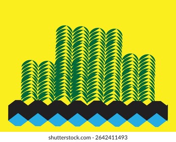 A vibrant abstract design featuring green leaf patterns rising over a black and blue diamond base, set against a bright yellow background, symbolizing growth and balance.