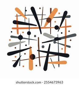 A vibrant abstract design featuring intersecting lines and circles in warm oranges, blacks, and greys. Ideal for modern art and design projects.
