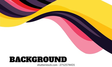 Diseño abstracto vibrante con líneas onduladas en capas y fluidas en colores amarillo, rosa, rojo y púrpura oscuro, creando un borde dinámico o elemento de Anuncio. El diseño se basa en un fondo blanco limpio
