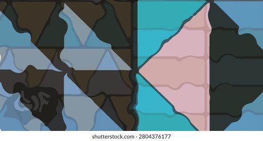 A vibrant abstract design featuring a mosaic of triangles and irregular shapes in shades of blue, brown, pink, and black, creating a visually engaging and modern pattern.