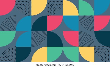 Um design abstrato vibrante com um padrão repetitivo de formas geométricas coloridas, incluindo círculos e quadrados, com sutis texturas pontilhadas e forradas.
