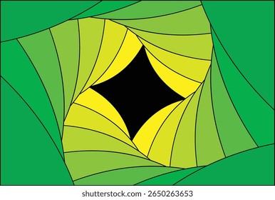 A vibrant abstract design featuring a series of overlapping, shaded green and yellow shapes with black outlines.