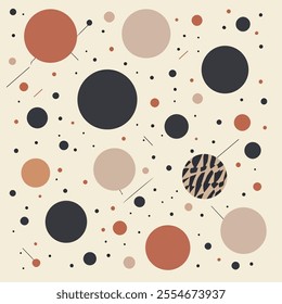 A vibrant abstract design featuring a variety of circles and dots in earthy tones and black on a light background, perfect for modern decor and artistic projects.
