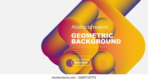 Vibrant abstract design. Fluid shapes blend yellow, orange, purple hues. Text promotes geometric background concept, includes call to action.