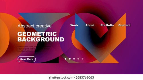Design abstrato vibrante. As formas geométricas se sobrepõem, criando plano de fundo dinâmico para cabeçalho ou banner do site. Apresentação moderna e colorida.
