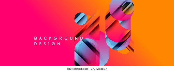Lebhaftes abstraktes Design. Geometrische Formen überlappen sich und erzeugen farbenfrohe Ebenen. Farbverlauf-Hintergrundübergänge von rosa nach orange. Modernes visuelles Element.