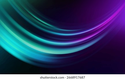 Un diseño abstracto vibrante sobre un fondo oscuro. Las líneas suaves y fluidas y las rayas curvas en púrpura, verde azulado y turquesa crean un efecto dinámico y enérgico. Los colores se mezclan a la perfección con el movimiento.