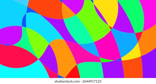 Design abstrato vibrante com formas sobrepostas e curvas em um espectro de cores