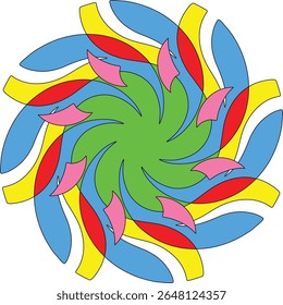 Design abstrato vibrante com simetria radial e elementos giratórios no fundo branco