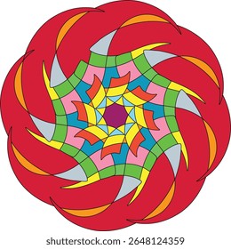Design abstrato vibrante com simetria radial e elementos giratórios no fundo branco