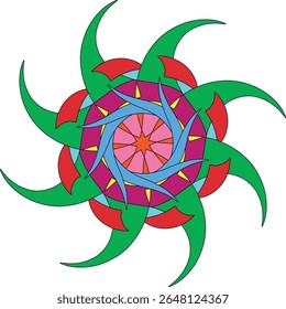 Design abstrato vibrante com simetria radial e elementos giratórios no fundo branco