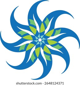 Design abstrato vibrante com simetria radial e elementos giratórios no fundo branco