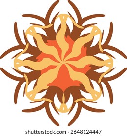 Design abstrato vibrante com simetria radial e elementos semelhantes ao sunburst em fundo transparente