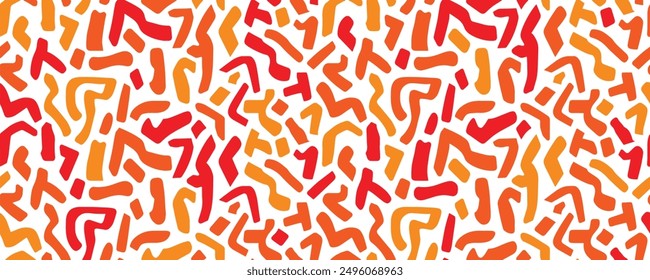Vibrant abstract design with red and orange shapes scattered on a white background, creating a dynamic and modern visual effect.