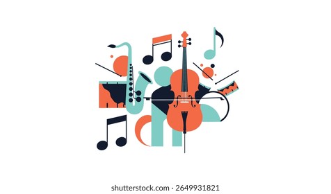 Vibrant abstract design showcasing diverse musical instruments and symbols in lively harmony
