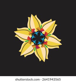 A vibrant abstract digital art featuring a symmetrical floral star with layered yellow petals and a colorful geometric core on a black background, symbolizing natures beauty and radiant energy.