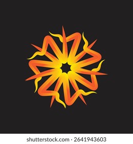 A vibrant abstract digital art featuring a symmetrical golden orange sunburst design with radiating flame-like shapes on a black background, symbolizing warmth, energy, and radiant power.