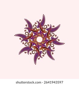 A vibrant abstract digital art piece featuring a symmetrical floral mandala with layered purple, gold, and brown petals on a light pink background, symbolizing ornate beauty and artistic harmony.
