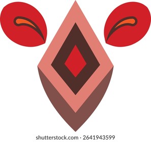 A vibrant abstract digital art piece featuring a symmetrical layered red diamond shape flanked by red leaf-like elements on a clean white background, symbolizing abstract forms and modern design.