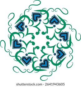 A vibrant abstract digital art piece featuring a symmetrical design of green swirling vines and blue heart shapes on a clean white background, symbolizing natural growth, love, and intricate patterns.
